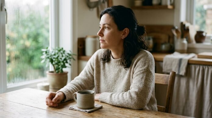A person at a kitchen table mid-morning, coffee untouched, gazing out of frame in thought.
