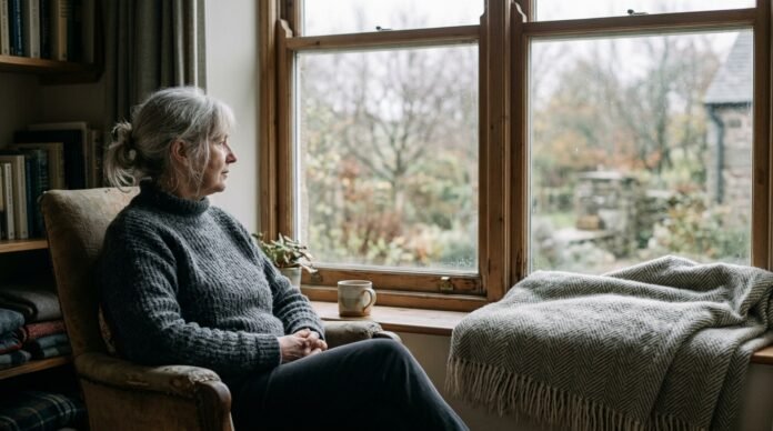 A person sitting by a window in muted daylight, gazing out, a blanket nearby, calm and still.