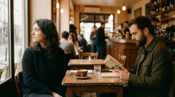 Two people at a table looking in different directions, a subtle emotional gap between them.