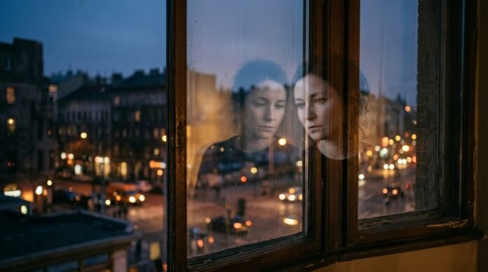 A person's reflection in a dim window at dusk, faint and doubled, contemplative and soft.