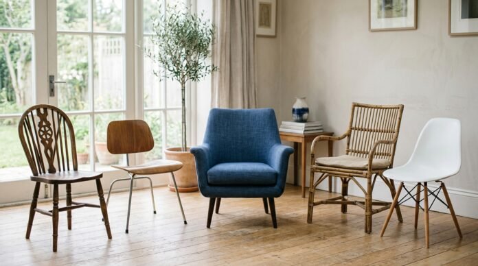 Several distinct empty chairs of different styles arranged in a bright room, no people.