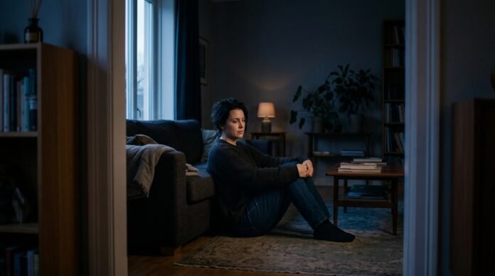 A person sitting on the floor against a sofa in dim evening light, resting, seen from a distance.