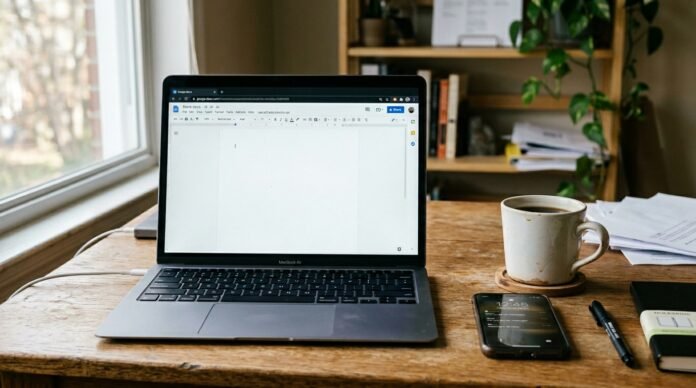 A laptop open to a blank document beside a phone, an avoided task in soft daylight, no people.