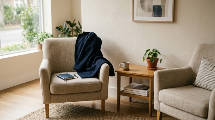 A calm therapy waiting area with two chairs and soft light, a coat over one chair, no people.