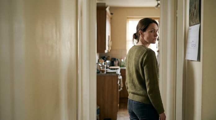 A person glancing at a wall calendar or phone with a circled date, standing still in a hallway, tense but composed.
