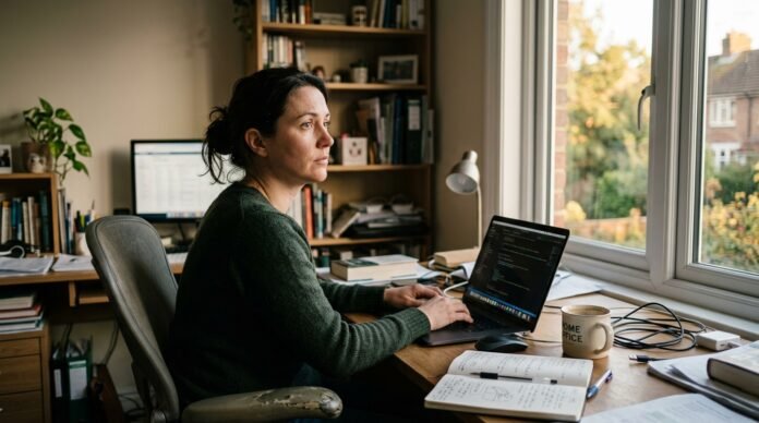 A person pausing at a cluttered desk, coffee going cold, gazing out of frame with a tired, uncertain expression.