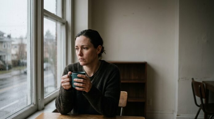 A person sitting by a window with a coffee, looking out with a tired, flat expression, soft overcast daylight.