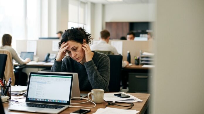 A person mid-workday resting their forehead on one hand at a desk, laptop open, the depletion of noon showing on their face.