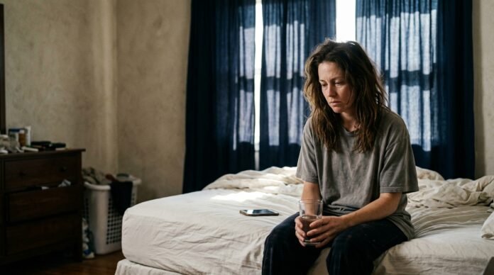 A person sitting up in bed late morning holding a glass of water, harsh daylight through curtains, uneasy expression.