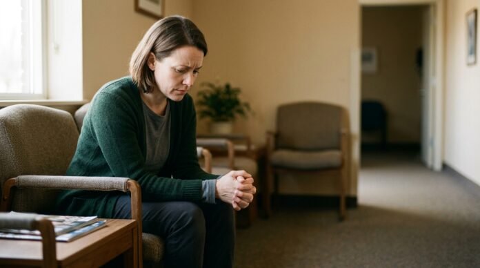 A person sitting on the edge of an exam table or in a quiet waiting room, looking worried and lost in thought.