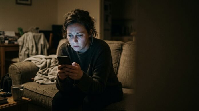 A person sitting on a sofa at night lit by a phone screen, searching, with a worried, absorbed expression.