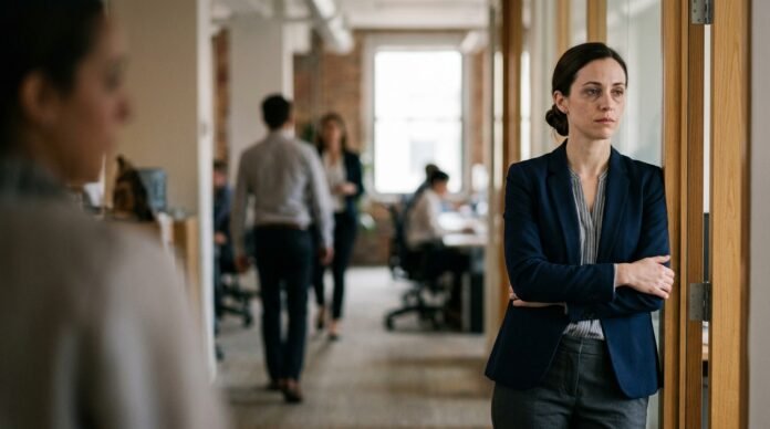 A person in work clothes standing composed in an office doorway, expression calm but eyes tired, others slightly blurred behind them.
