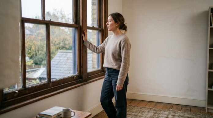 A person standing by a window taking a slow, deliberate breath, hand resting loosely on the frame, calm daylight.