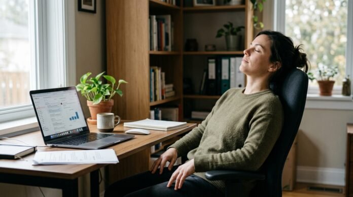 A person taking a real pause at their desk, leaning back with eyes closed for a moment, home-office around them.