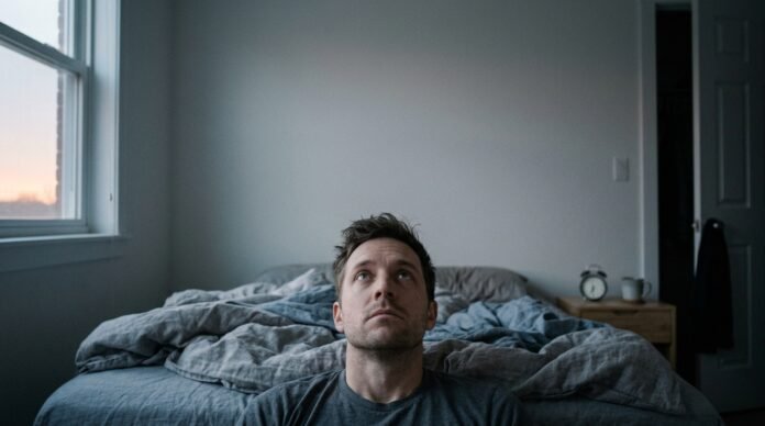 A person lying awake in bed just after waking, eyes open, early grey-blue morning light across the sheets.