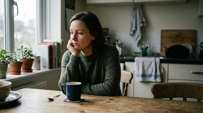 A person sitting still with a coffee going cold, gaze unfocused, visibly lost in their own thoughts.