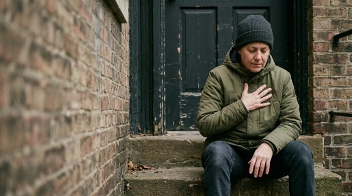 A person sitting on a step outside, one hand on their chest, focusing on their breathing as a wave of panic passes.