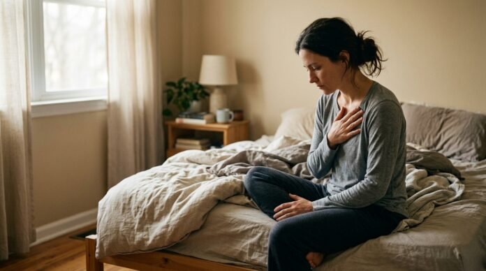 A person sitting on the edge of a bed with one hand resting on their chest, calm morning light, seen from the side.