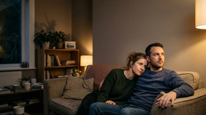 A couple sitting close on a sofa but slightly turned away from each other, one gazing off with a pensive expression.
