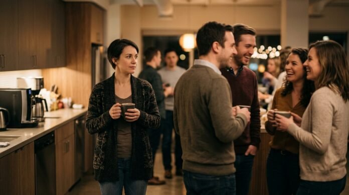 A person standing at the edge of a group conversation, slightly apart, looking uncertain about whether to step in.