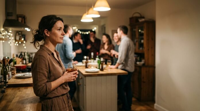 A person standing slightly apart at the edge of a small social gathering, holding a drink, observing rather than joining.