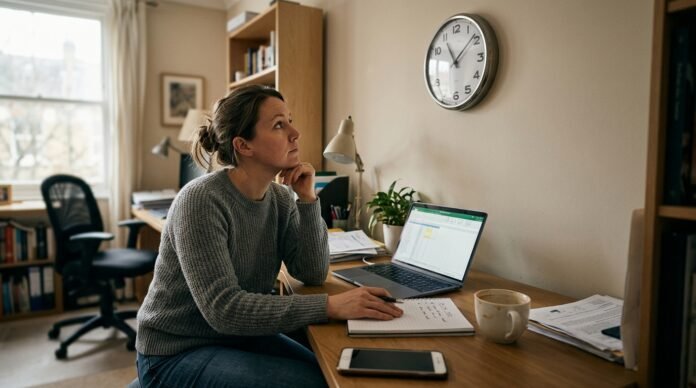 A person sitting at a desk unable to start, glancing at a wall clock, a half-finished task in front of them.