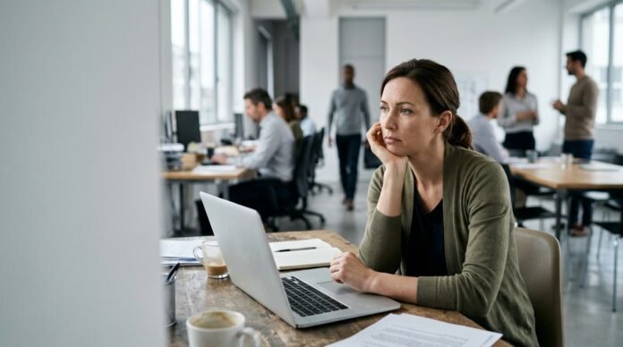 A person at a desk looking detached and disengaged, gaze drifting past the screen, expression flat.