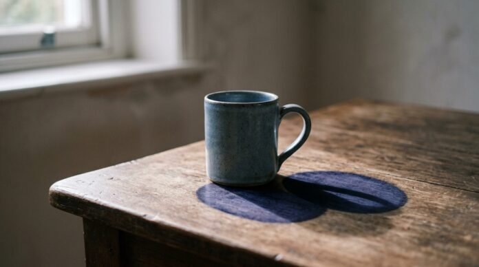 A single object on a table casting two distinct overlapping shadows in soft directional daylight.
