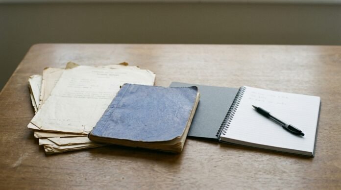An old school report card and a childhood exercise book on a table beside a present-day notebook, in flat daylight.