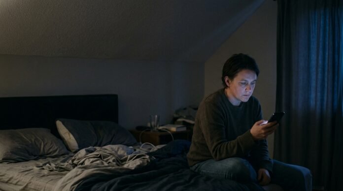 A person sitting on a bed at dusk holding a phone face-up, staring at the screen with a tense, waiting expression.