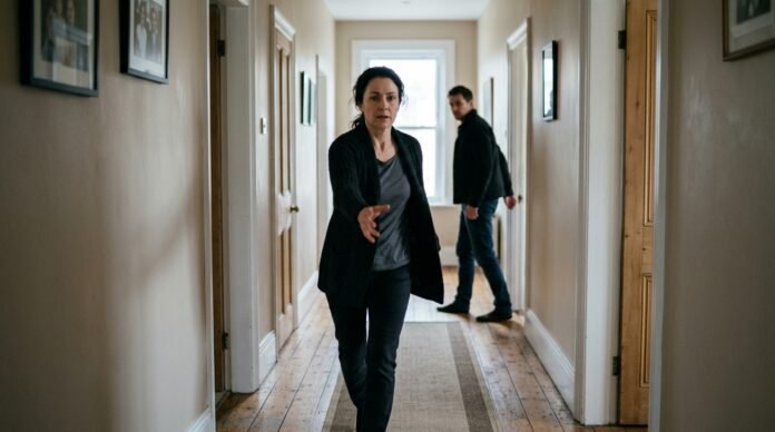 Two people standing at opposite ends of a hallway, one stepping forward and one half-turned away, in cool light.
