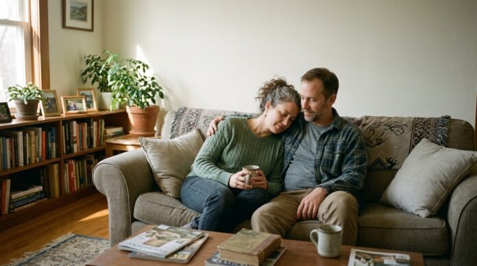 Two people sitting comfortably together on a sofa, relaxed and at ease, one leaning against the other in warm natural light.