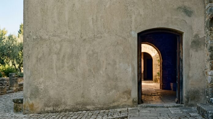 A solid wall interrupted by a single open doorway, warm light spilling through the opening into shadow.