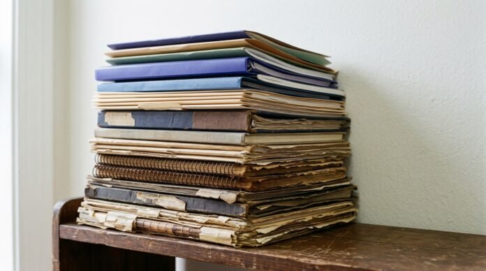 A stack of dated paper folders and notebooks on a shelf, spanning many years, in flat even daylight.