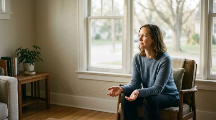 A person sitting alone in a quiet room by a window, hands open and relaxed, looking out with a calm, considering expression.