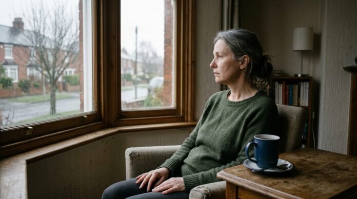 A person sitting by a window in the early morning, a cup of tea untouched beside them, looking out.