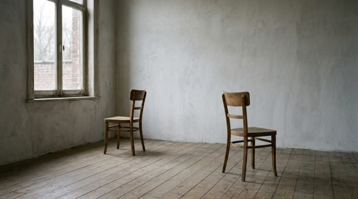 Two empty chairs facing away from each other in a bare room, one pulled back slightly, in cool natural light.