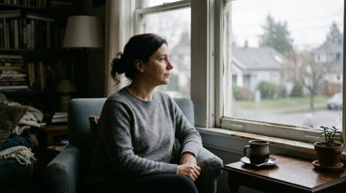 A person sitting by a window in flat morning light, looking out, with an untouched cup beside them.