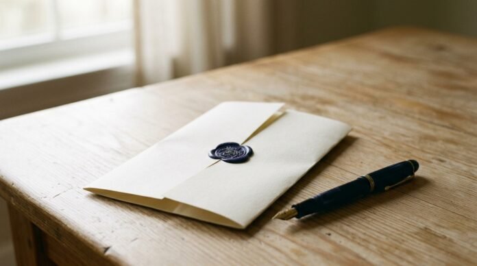 A handwritten letter, folded closed, resting on a table beside a pen in soft morning light.