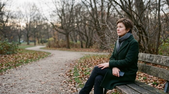 A person sitting alone on a park bench in autumn light, phone in hand but not looking at it, thinking.