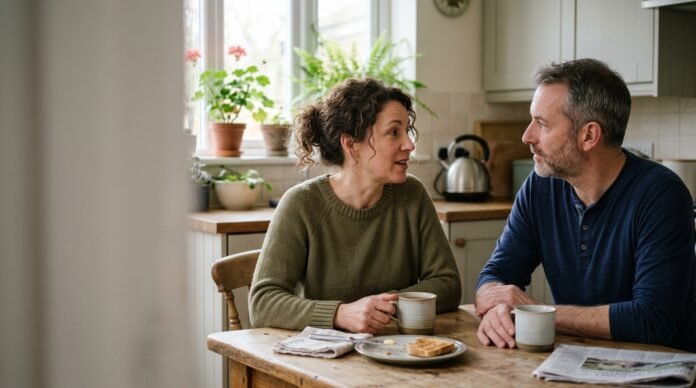 Two people sitting across a kitchen table in the morning, one speaking calmly, the other listening.