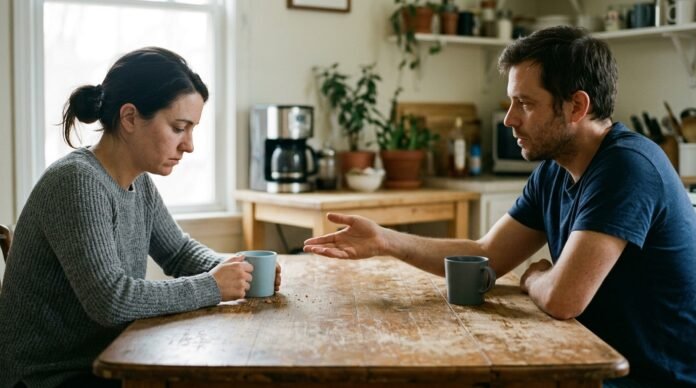 Two people sitting at a kitchen table the morning after an argument, one reaching a hand halfway across the table.