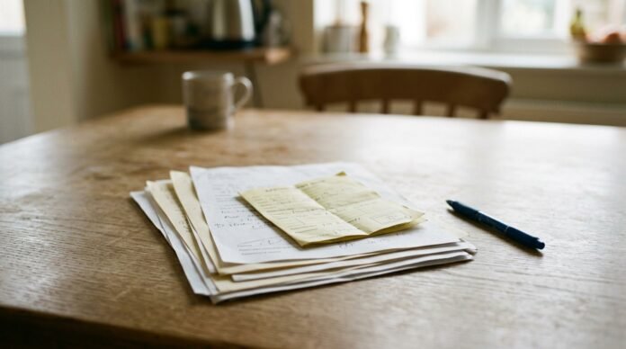 A folded paper appointment slip and a small pile of medical test results on a kitchen table in flat daylight.