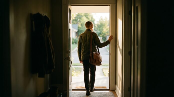 A person standing at an open front door in morning light, holding a bag, looking out rather than back.
