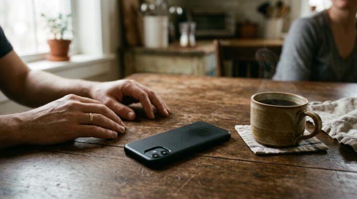 A phone face-down on a table beside a cup of coffee, a person's hands resting nearby, morning light.