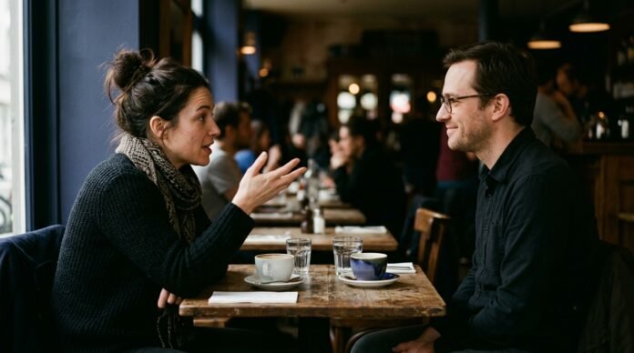One person leaning in and leading the conversation while the other nods along and agrees with a polite smile, deferring.