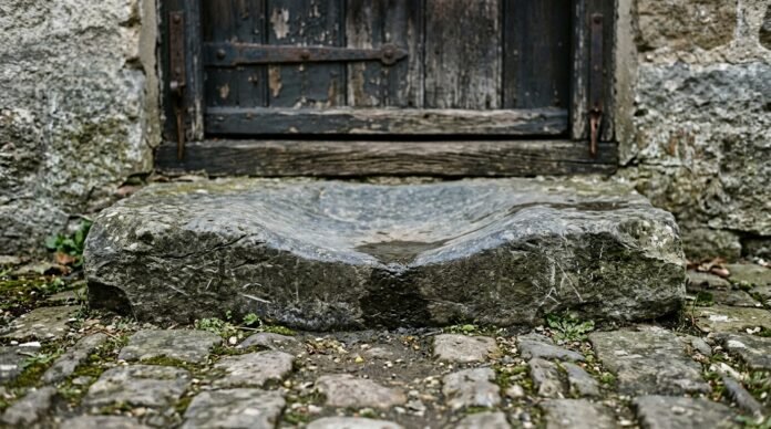 A stone doorstep worn into a shallow dip in the centre from decades of footsteps, photographed in flat, even daylight.
