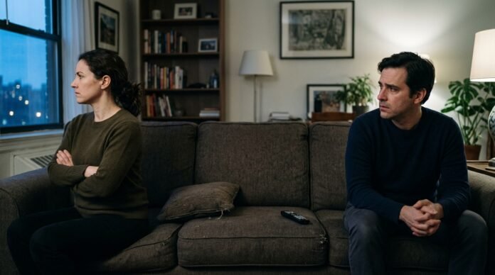 Two people sitting apart at opposite ends of a sofa in tense silence, one turned away, in dim evening light.