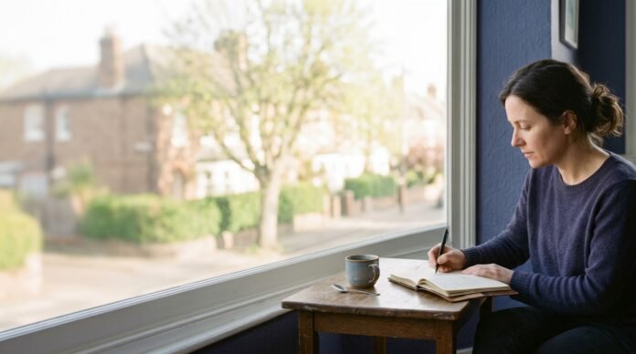 A person sitting alone at a table by a window in warm morning light, writing in a notebook with a cup beside them.