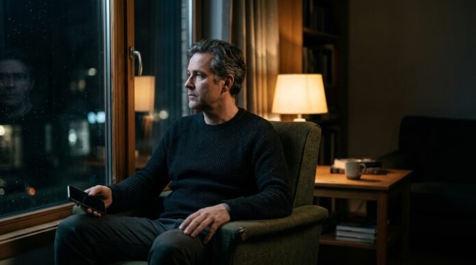 A person sitting alone by a window at night with a phone in hand, looking thoughtful and uncertain, deciding whether to trust a feeling.